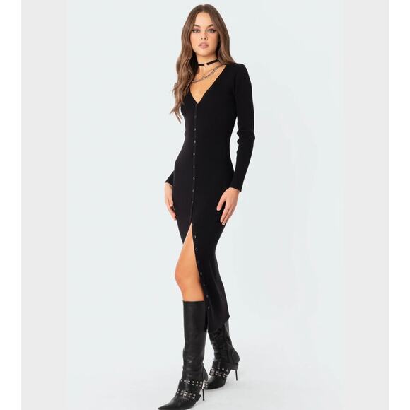 Edikted Jazlyn Long Sleeve Rib Sweater Dress Black Medium - Picture 1 of 6